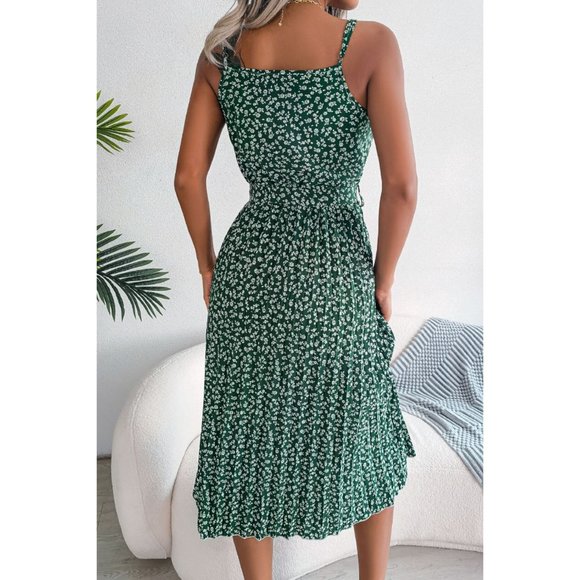 Ditsy Floral Belted Spaghetti Strap Pleated Dress - Picture 2 of 3